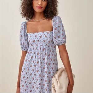 Reformation Bristol Blue Floral Puff Sleeve Smocke Dress in Petunia size XL